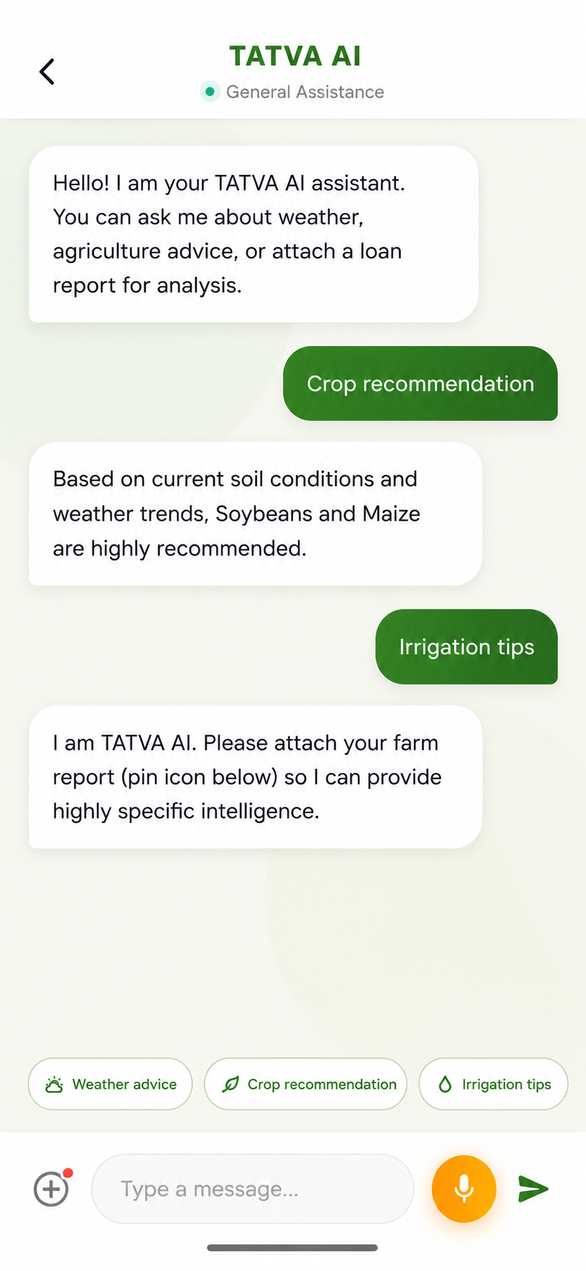 TATVA AI Chat — Crop recommendation and Irrigation tips